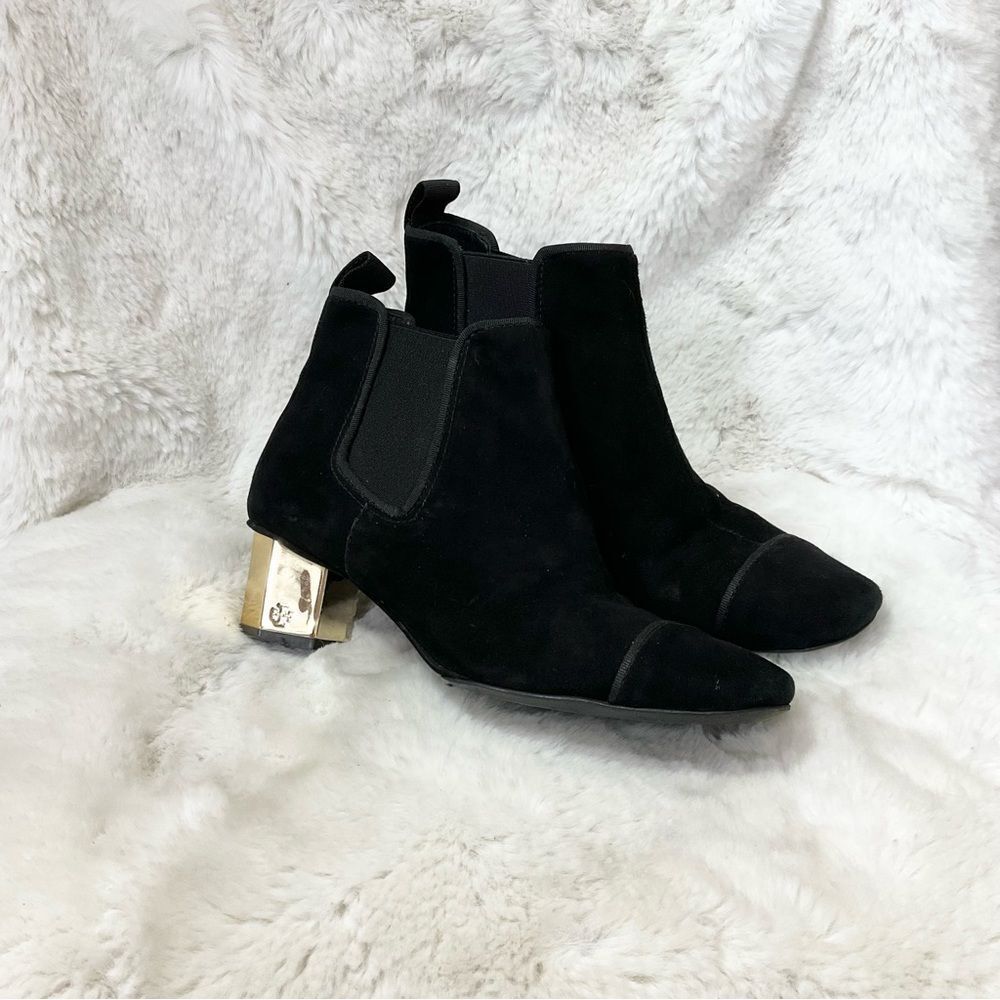 Tory Burch Regina Suede Leather Golden Block Heel Ankle Chelsea Booties Black 5
